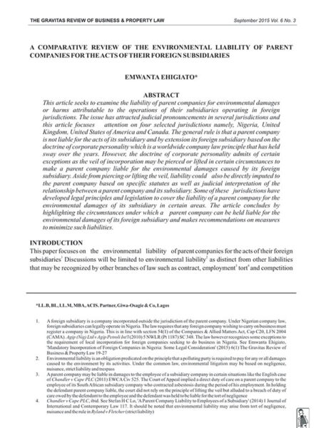 A Comparative Review of the Environmental Liability of Parent Companies for the Acts of their Foreign Subsidiaries