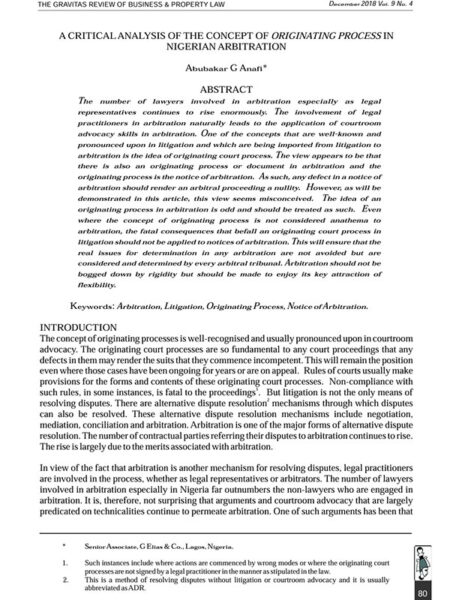 A Critical Analysis of the Concept of Originating Process in Nigerian Arbitration