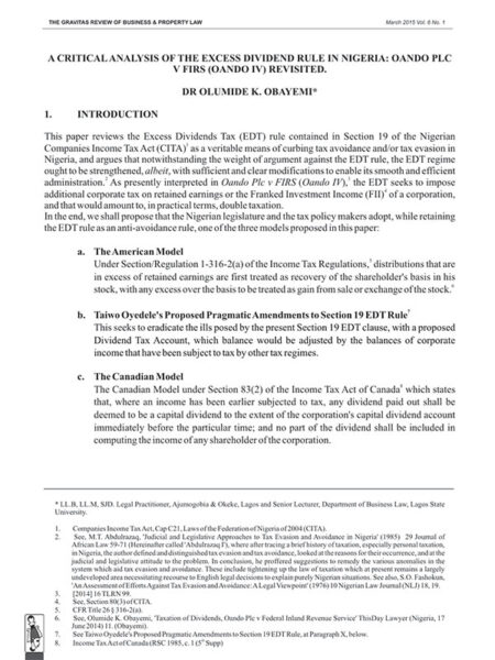 A Critical Analysis of the Excess Dividend Rule in Nigeria: Oando Plc v. FIRS (Oando IV) Revisited