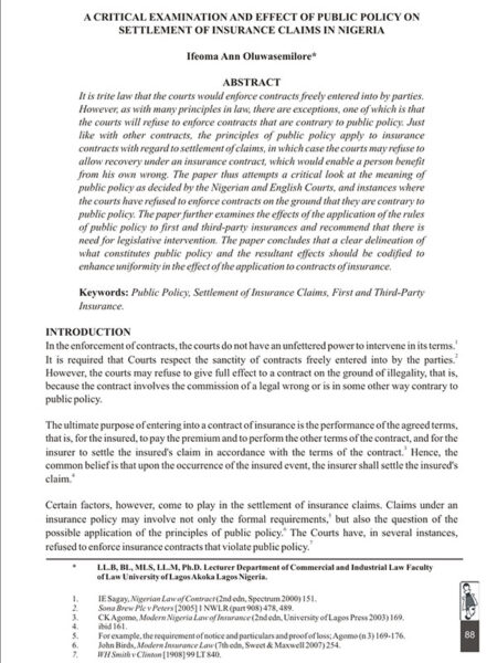 A Critical Examination and Effect of Public Policy on Settlement of Insurance Claims in Nigeria