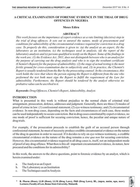 A Critical Examination of Forensic Evidence in the Trial of Drug Offences in Nigeria