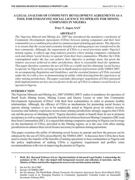 A Legal Analysis of Community Development Agreements as a Tool for Enhancing Social Licence to Operate for Mining Companies in Nigeria