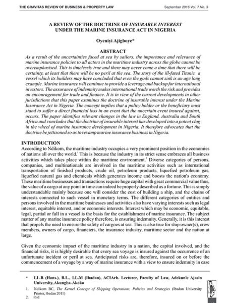 A Review of the Doctrine for Insurable Interest under the Marine Insurance Act in Nigeria