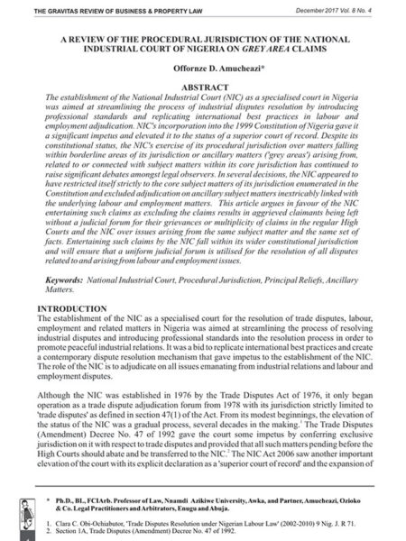 A Review of the Procedural Jurisdiction of the National Industrial Court of Nigeria on Grey Area Claims