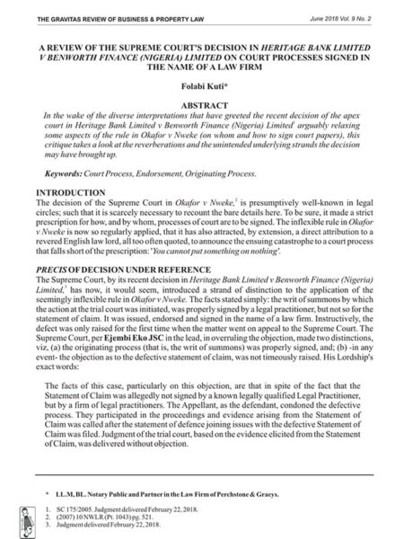 A Review of the Supreme Court's Decision in Heritage Bank Limited v Benworth Finance (Nig) Ltd on Court Processes Signed in the Name of a Law Firm