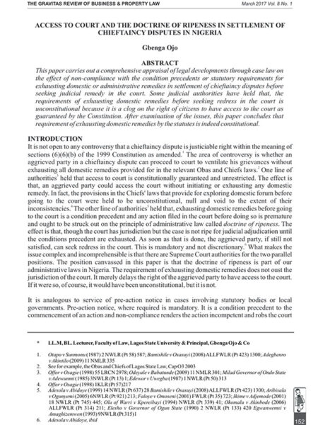 Access to Court and the Doctrine of Ripeness in Settlement of Chieftaincy Disputes in Nigeria