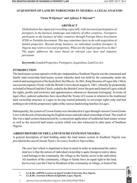 Acquisition of Land by Foreigners in Nigeria: A Legal Analysis