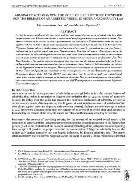 Admiralty Action in Rem: The Value of Security to be Furnished for the Release of an Arrested Vessel in Nigerian Admiralty Law