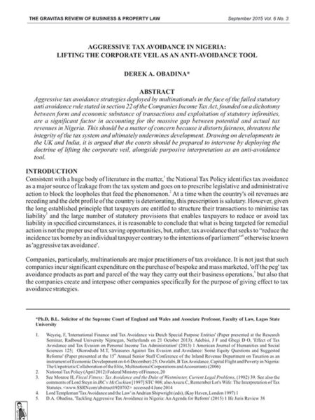 Aggressive Tax Avoidance in Nigeria - Lifting the Corporate Veil as an Anti-Avoidance Tool