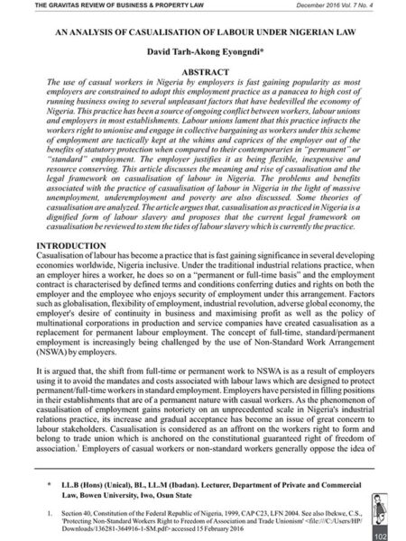 An Analysis of Casualisation of Labour under Nigerian Law