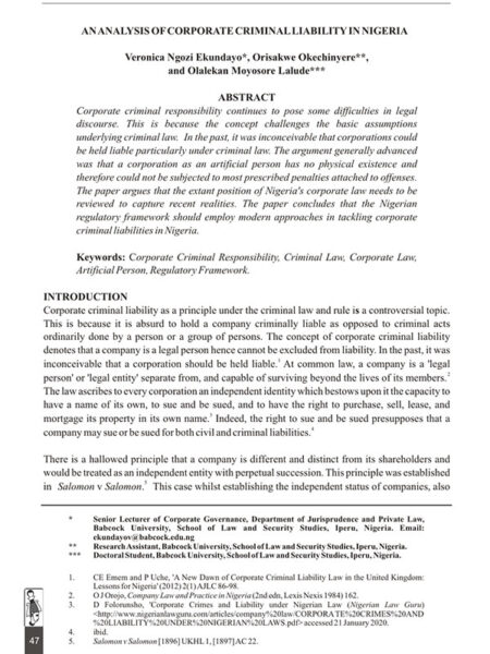 An Analysis of Corporate Criminal Liability in Nigeria