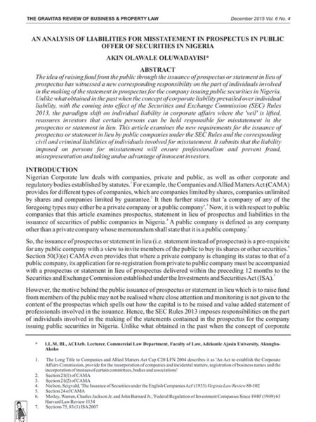 An Analysis of Liabilities for Misstatement in Prospectus in Public Offer for Securities in Nigeria