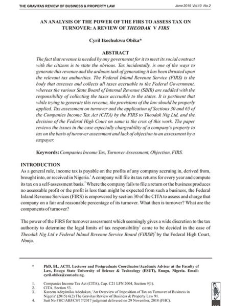 An Analysis of the Power of the FIRS to Assess Tax on Turnover: A Review of Theodak v FIRS