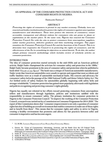 An Appraisal of the Consumer Protection Council Act and Consumer Rights in Nigeria