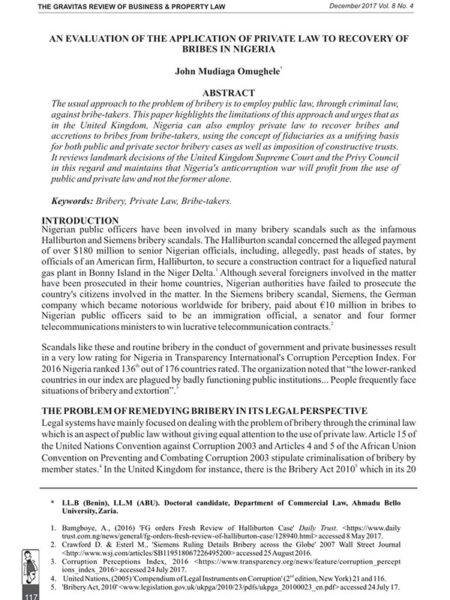 An Evaluation of the Application of Private Law to Recovery of Bribes in Nigeria