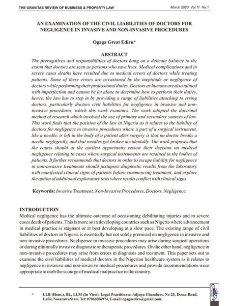 An Examination of the Civil Liabilities of Doctors for Negligence in Invasive and Non-Invasive Procedures