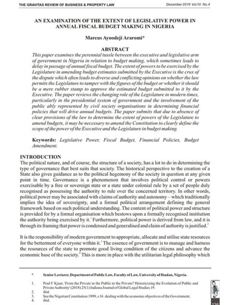 An Examination of the Extent of Legislative Power in Annual Fiscal Budget Making in Nigeria