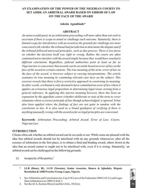 An Examination of the Power of the Nigerian Courts to Set Aside an Arbitral Award Based on Error of Law on the Face of the Award