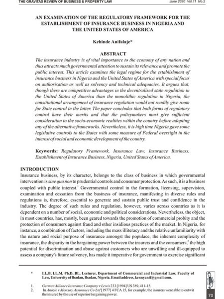 An Examination of the Regulatory Framework for the Establishment of Insurance Business in Nigeria and the United States of America