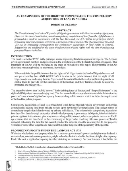 An Examination of the Right to Compensation for Compulsory Acquisition of Land in Nigeria