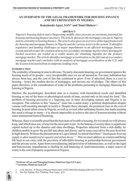 An Overview of the Legal Framework for Housing Finance and Securitisation in Nigeria