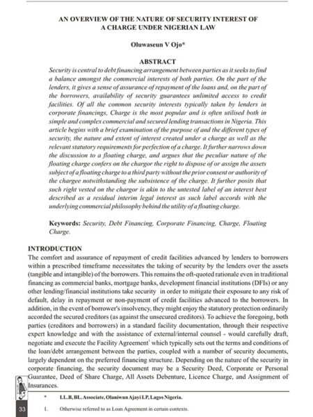 An Overview of the Nature of Security Interest of a Charge under Nigerian Law