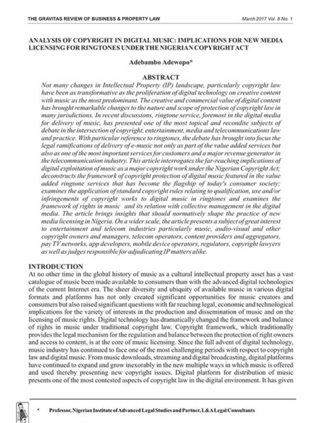 Analysis of Copyright in Digital Music: Implications for New Media Licensing for Ringtones under the Nigerian Copyright Act