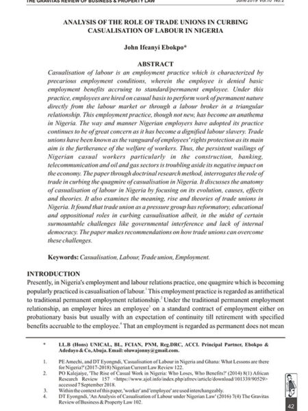 Analysis of the Role of Trade Unions in Curbing Casualisation of Labour in Nigeria