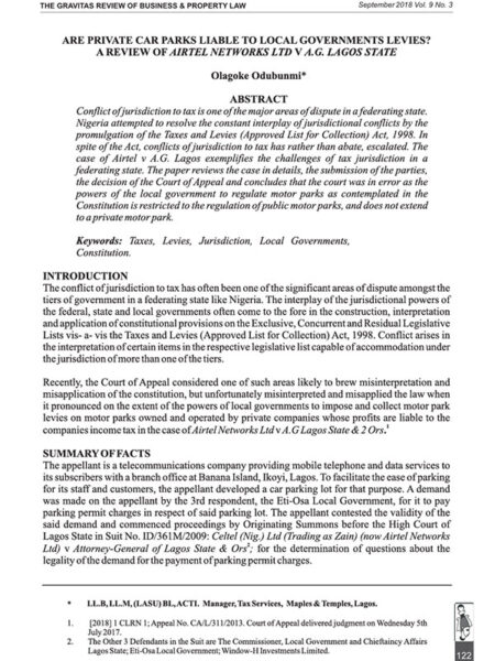 Are Private Car Parks Liable to Local Governments Levies? A Review of Airtel Networks Ltd v A.G. Lagos State