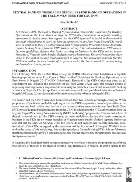 Central Bank of Nigeria 2016 Guidelines for Banking Operations in the Free Zones: Need for Caution