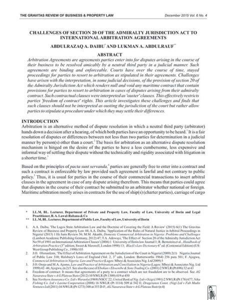 Challenges of Section 20 of the Admiralty Jurisdiction Act to International Arbitration Agreements