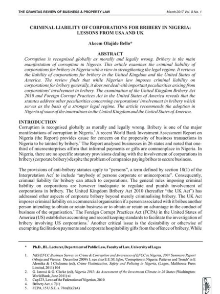 Criminal Liability of Corporations for Bribery in Nigeria: Lessons from USA and UK