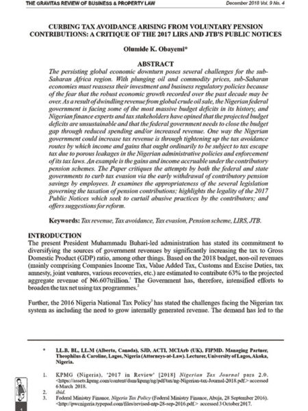 Curbing Tax Avoidance Arising from Voluntary Pension Contributions: A Critique of the 2017 LIRS and JTB’S Public Notices