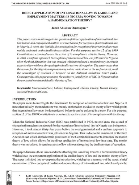 Direct Application of International Law in Labour and Employment Matters: Is Nigeria Moving Towards a Harmonisation Theory?