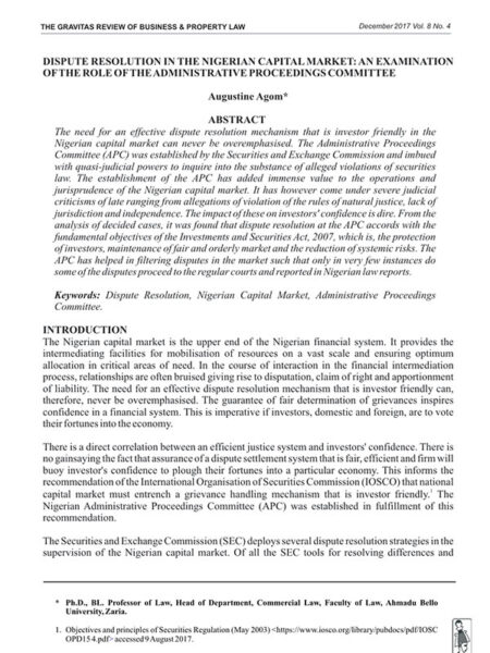 Dispute Resolution in the Nigerian Capital Market: An Examination of the Role of the Administration Proceedings Committee