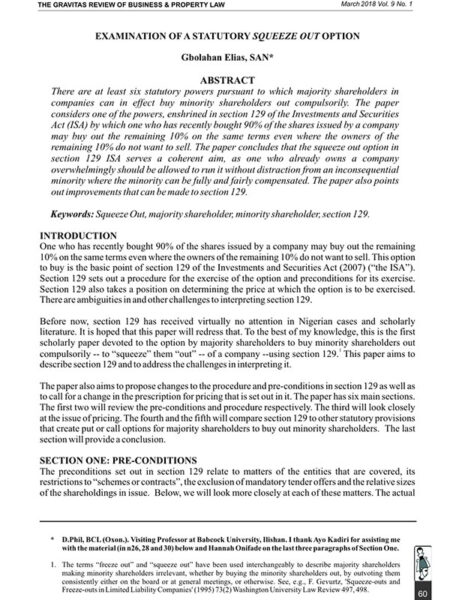 Examination of a Statutory Squeeze Out Option