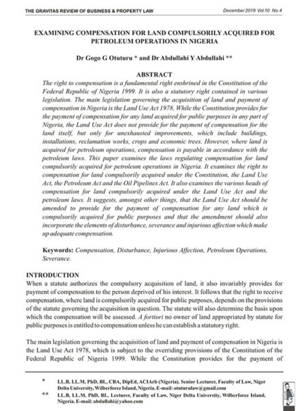 Examining Compensation for Land Compulsorily Acquired for Petroleum Operations in Nigeria