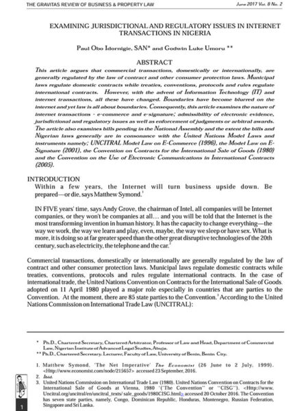 Examining Jurisdictional and Regulatory Issues in Internet Transactions in Nigeria