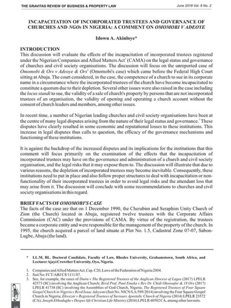 Incapacitation of Incorporated Trustees and Governance of Churches and NGOs in Nigeria: A Commentary of Omomobi v Adeoye