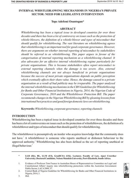 Internal Whistleblowing Mechanisms in Nigeria's Private Sector: Need for Legislative Intervention