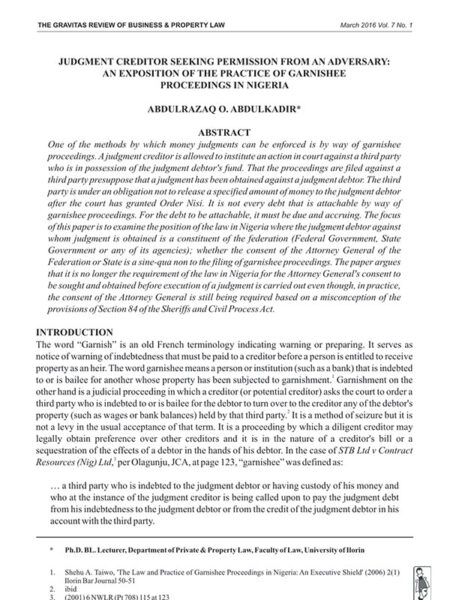 Judgement Creditor Seeking Permission from an Adversary: An Exposition of the Practice of Garnishee Proceedings in Nigeria