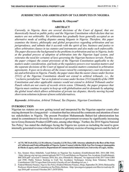 Jurisdiction and Arbitration of Tax Disputes in Nigeria