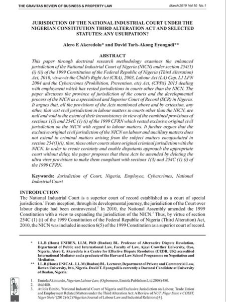 Jurisdiction of the National Industrial Court under the Nigerian Constitution Third Alteraction Act and Selected Statutes: Any Usurpation?