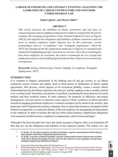 Labour Outsourcing and Contract Staffing: Analysing the Liabilities of Labour Contractors and End Users under Nigerian Law