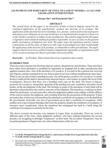 Lis Pendens and Insecurity of Title to Land in Nigeria: A Call for Legislative Intervention