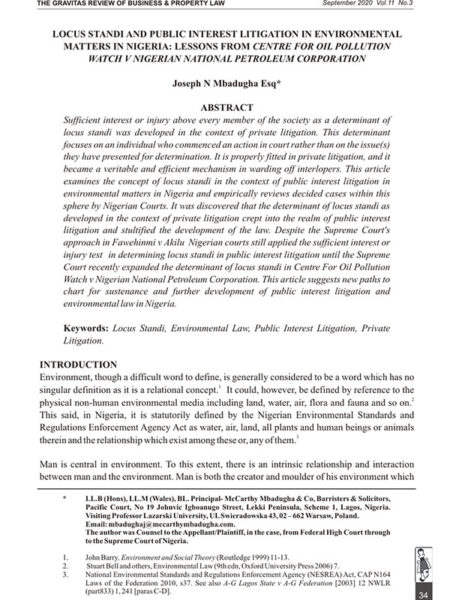 Locus Standi and Public Interest Litigation in Environmental Matters in Nigeria: Lessons from Centre for Oil Pollution Watch V Nigerian National Petroleum Corporation