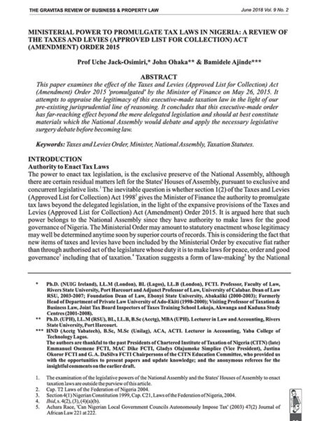 Ministerial Power to Promulgate Tax Laws in Nigeria: A Review of the Taxes and Levies (Approved List for Collection)Act (Amendment) Order 2015