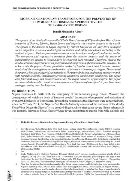 Nigeria's Aviation Law Framework for the Prevention of Communicable Diseases: A Perspective on the Ebola Virus Disease