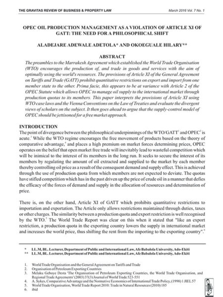 OPEC Oil Production Management as a Violation of Article XI of GATT: The Need for a Philosophical Shift