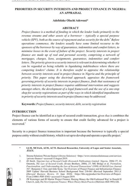 Priorities in Security Interests and Project Finance in Nigeria: An Appraisal